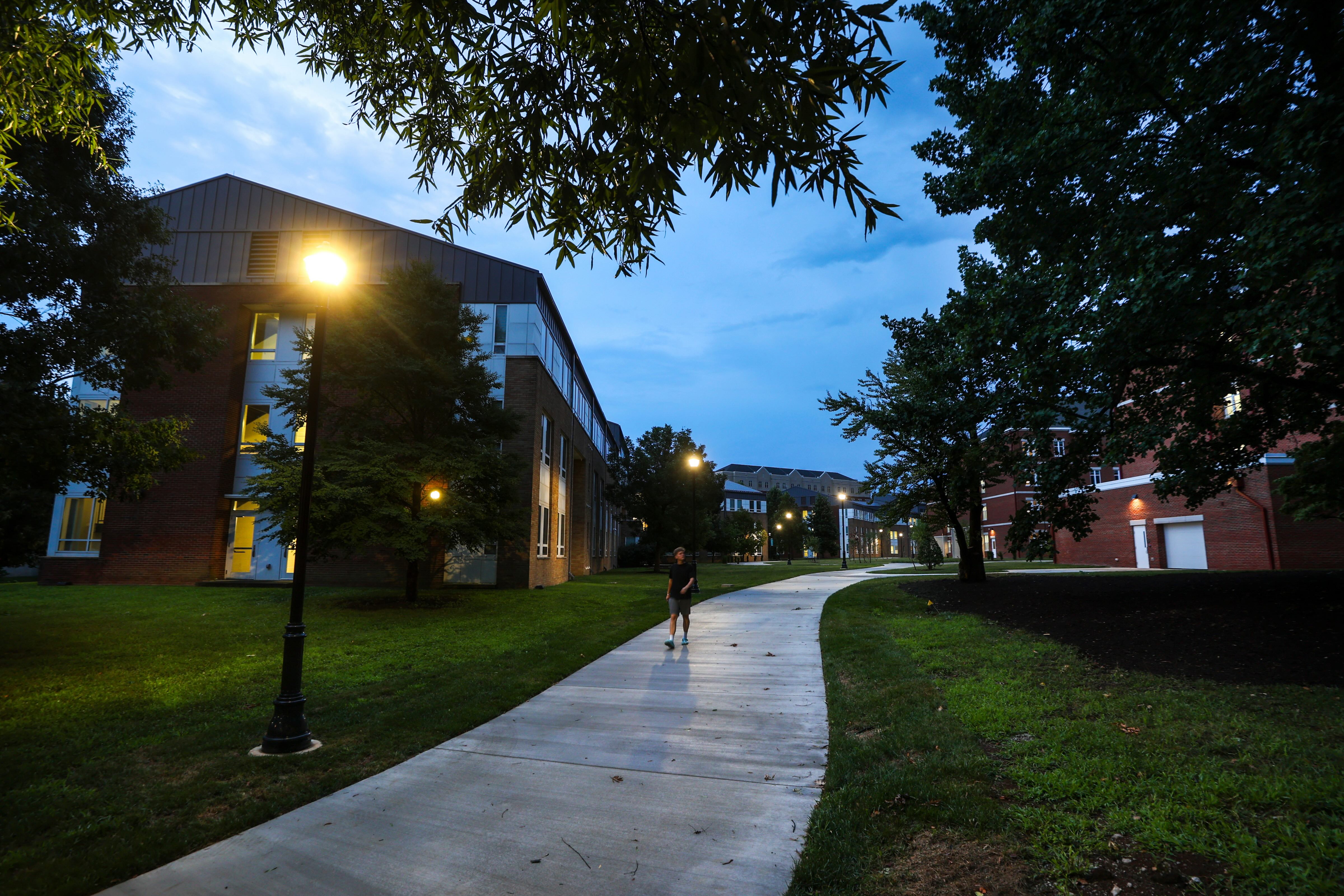 Lighting near Kirwan/Blanding residence hall at dusk