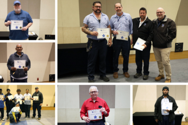 Collage of employees holding service award certificates