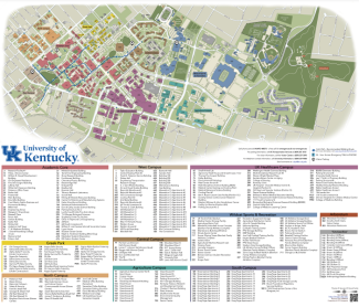 A map of campus with a building index