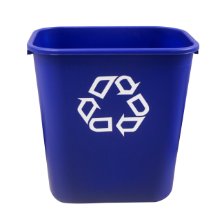 An image of a blue recycling container