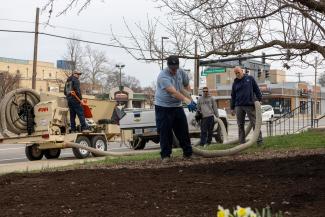 Staff mulching on campus