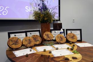 Table with awards displayed