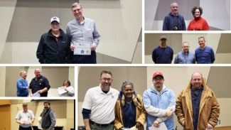 A collage of photos of employees getting their years of service at the Facilities Management Service Awards. 