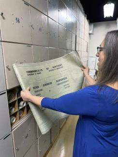 FIS employee looks at archive document
