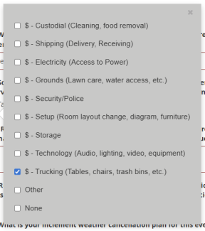 Screenshot of UK's event management system displaying the different selection options for event planners.