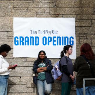 UK students lined up at The Thrifty Cat's grand opening.