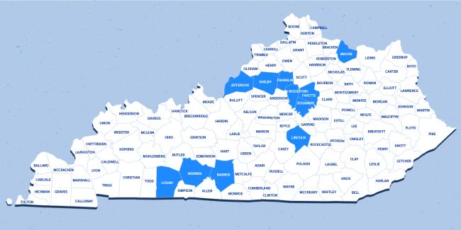 An image of Kentucky counties with the 11 counties with recycling centers highlighted