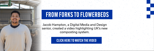 UK Student, Jacob Hampton, standing in front of UK's new composting system. There is an overlay of text that reads, "from forks to flowerbeds. Jacob Hampton, a Digital Media and Design senior, created a video highlighting UK's new composting system."