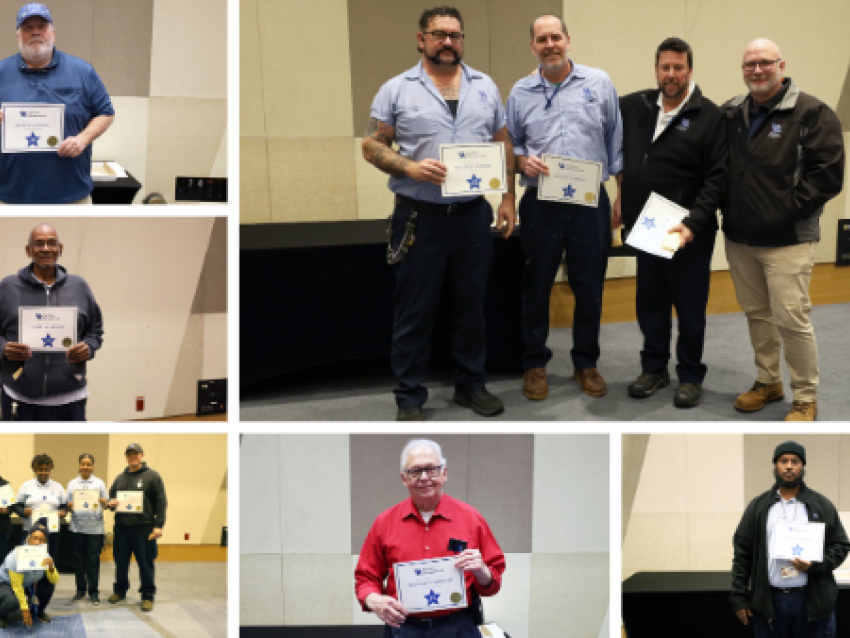 Collage of employees holding service award certificates