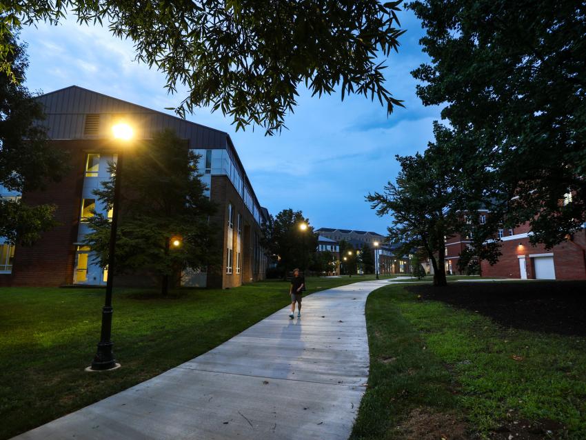 Lighting near Kirwan/Blanding residence hall at dusk