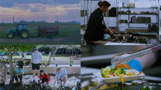 A college of four photos featuring a tractor, a chef preparing food, students planting in a garden, and food being plated.